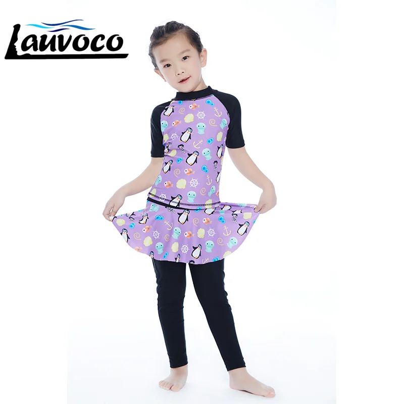 

Newest Full Cover Two Piece Swimwear Kids Flouncing Dress Beachwear Baby Girls Swimsuit Cute Penguin Swimming Suit for Girls