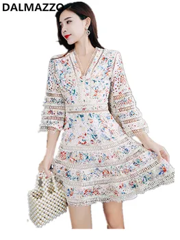 

Women V Neck Lace Patchwork Print Embroidery Flare Long Sleeve Holiday Dress 2019 New Autumn Designer Runway Party Mini Dresses