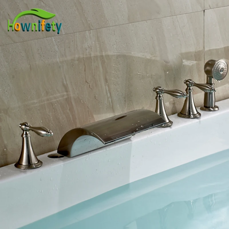 

Widespread Waterfall Tub Faucet Three Handles Mixer Tap Brushed Nickel