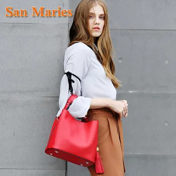 

San Maries New Fashion Soft Real Genuine Leather Tassel Women's Handbag Ladies Shoulder Tote Messenger Bag Purse Satchel Black