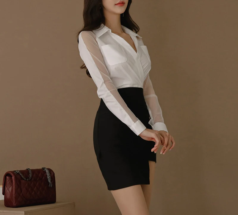 Офисный женский костюм из 2 предметов, сетчатая Лоскутная белая рубашка, топ и асимметричная облегающая короткая юбка, комплект одежды для работы