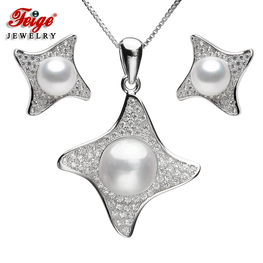 

FEIGE Star-shaped Pearl Jewelry Sets White Freshwater Pearl Pendant Necklace And Earrings Sets 925 Sterling Silver Fine Jewelry