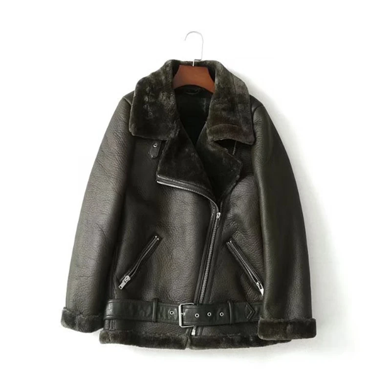 Зимнее плотное пальто из искусственного меха, кожаная пушистая Меховая куртка для женщин, мотоциклетная куртка из искусственной овчины, женская кожаная куртка - Цвет: GREEN faux fur coat