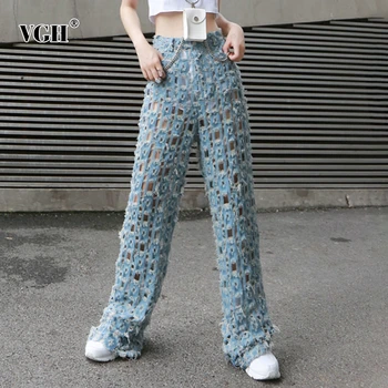 

VGH Streetwear Hollow Out Wide Leg Women's Jeans High Waist Button Loose Full Length Denim Pants Female Fashion New 2020 Summer