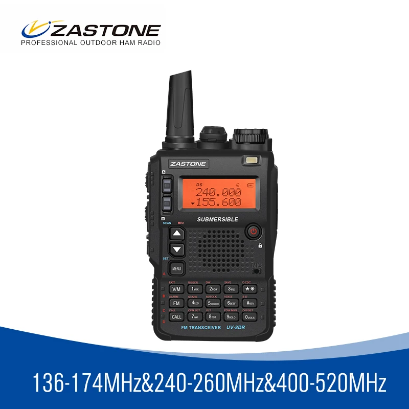 

Zastone 8DR tri band 136-174/240-260/400-520 mhz portable walkie talkie 5W power ham radio 2350mah battery 2 antennas