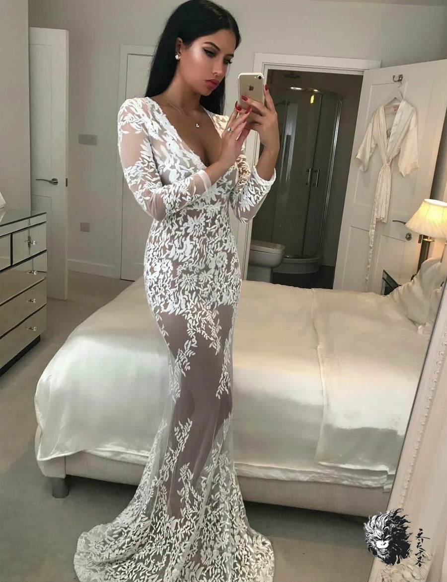 Luxurious White Lace Maxi Long Dress Lady Party Sexy V Neck See Through Bandage Gown Mermaid Floral Embroidery Mesh Vestidos