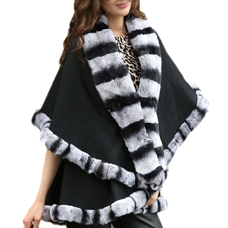 

Lady's Genuine Wraps Real Cashmere Real Rex Rabbit Fur Cape Coat Cloak Poncho Female Winter Fashion Shawl
