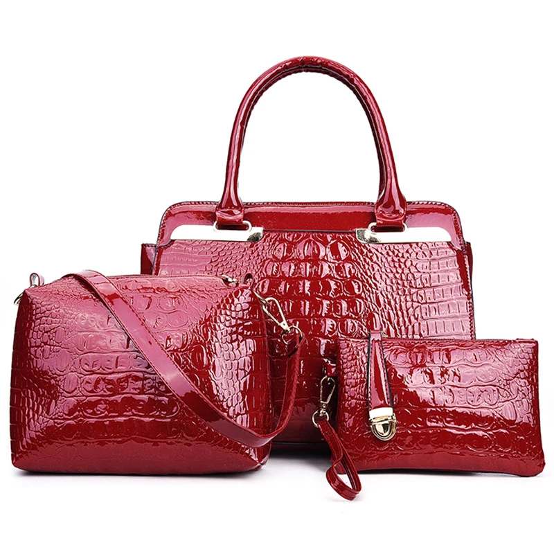 black patent mock croc handbag