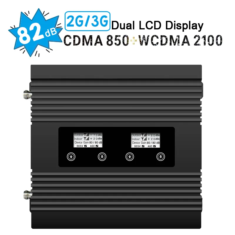 

Power 82dB Gain Signal Repeater GSM CAMA 850 WCDMA 2100 Dual Band Cellular Booster Two LCD Display B1 B5 2G 3G UMTS Amplifier