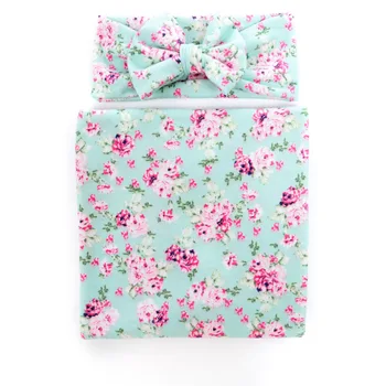 

Infant Blanket Baby Swaddle Blankets Set 31 "x 31"Newborn Gift Infant Muslin Flower Receiving Blanket Headband/Hat 2PCS Suit