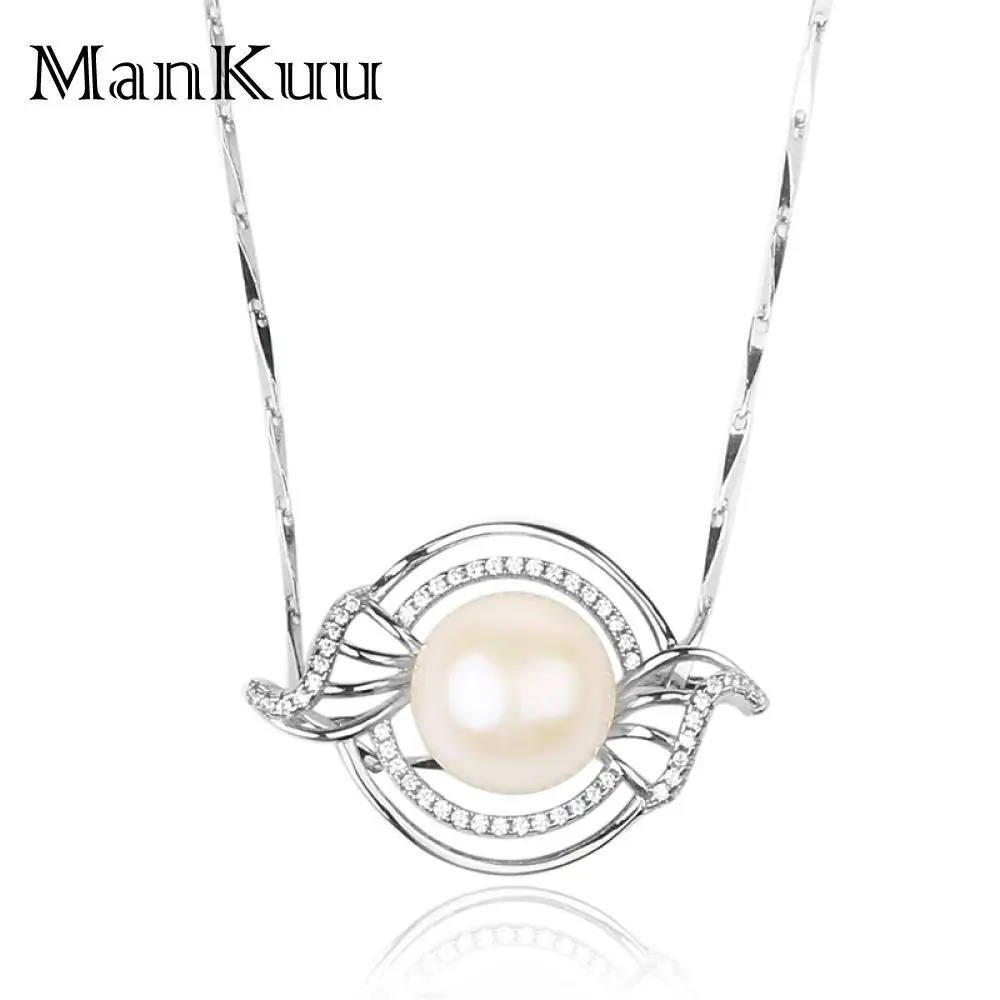 ManKuu 925 Sterling Silver Pendant Round Shape 9-10mm Freshwater Pearl Pendant Necklace Mirco Pave Diamond Necklace For Women Fine Jewelry