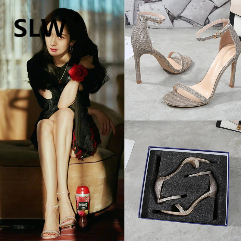 

summer sandals Sequined Cloth Fabric shoes woman Thin Heels Bling Buckle zomer schoenen Casual High Solid Pure colour all