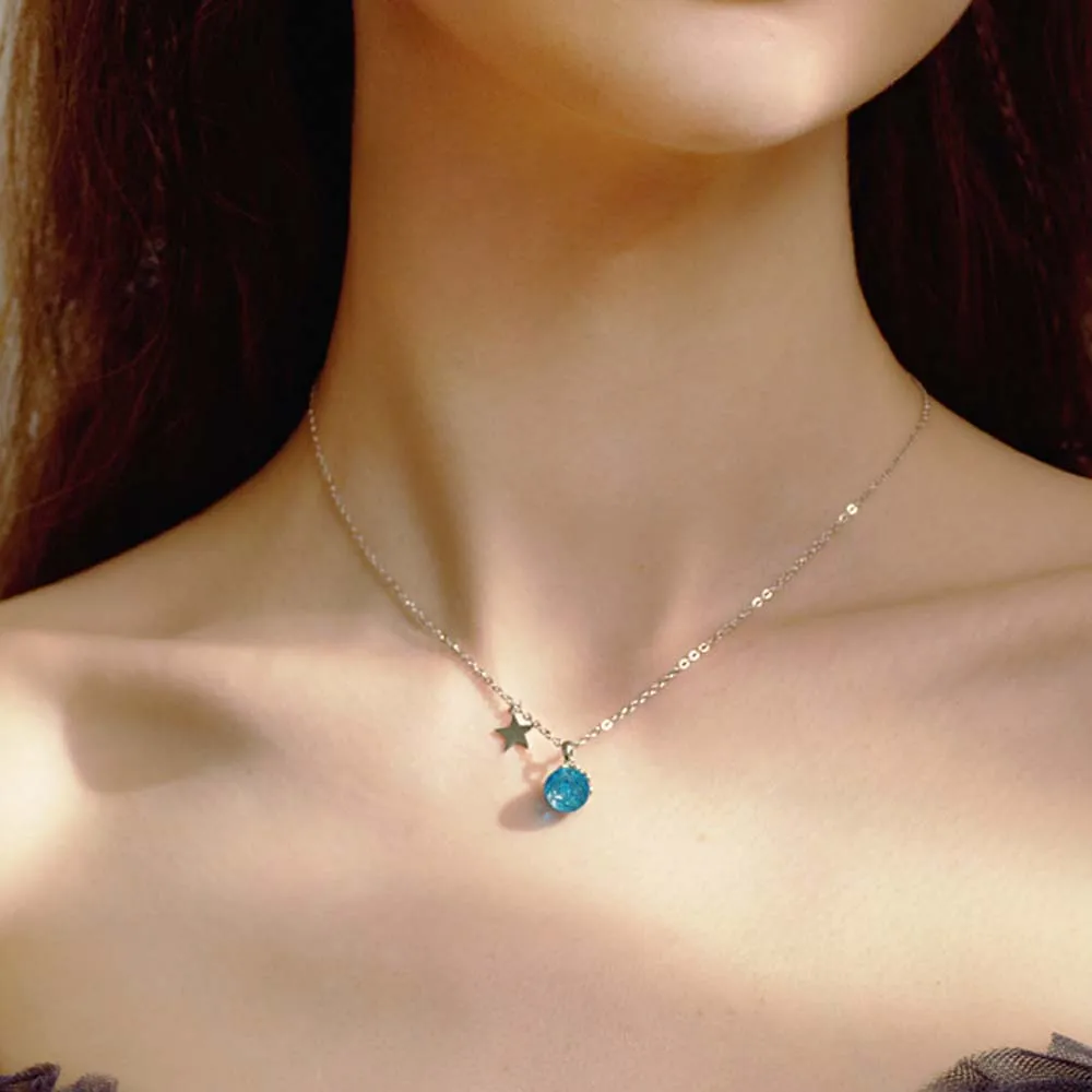 

TOYOOSKY 925 Silver Necklace Blue Synthetic Crystal Five-pointed Star Sweet Pendants Necklace Chain Jewelry for Women Girls