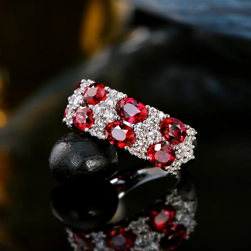 Caimao 3.83ctw Natural Red Ruby Brilliant Cut Diamond 14kt White Gold Engagement Wedding Band Half Eternity Unisex