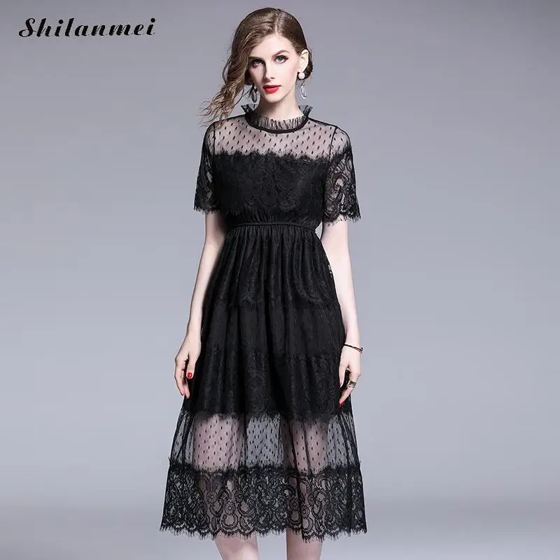 

Women Fashion Sexy Lace High Wasit Black Party Maxi Dress Summer Vintage Short Sleeve Mesh Jacquard Dots Ladies Dress Vestidos