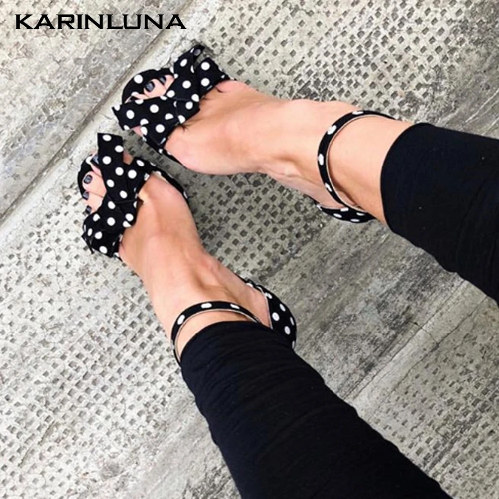 

Brand Design Big Size 42 Sweet Bow Polks Dot Sexy Thin High Heels Shoes Sandals Woman Lady Summer Party ankle-strap Women Shoes