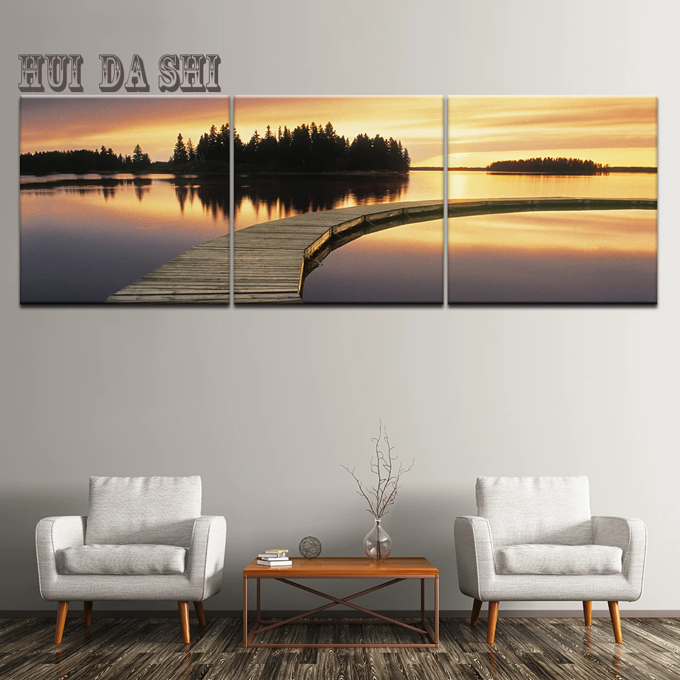 Рамка HD Печать Гостиная модульный 3 Панель деревянный мост озеро фотографии Wall Art