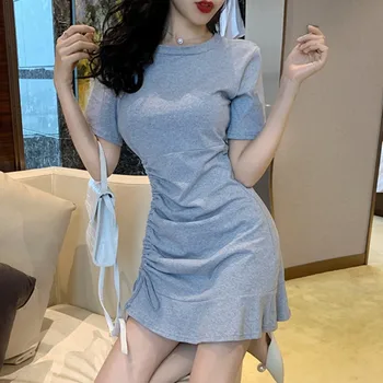 

Summer Round Neck Short-sleeved Dress Women Casual Solid Slim Bodycon Dress Fashion Drawstring Ruffle Mini Dresses Vestido