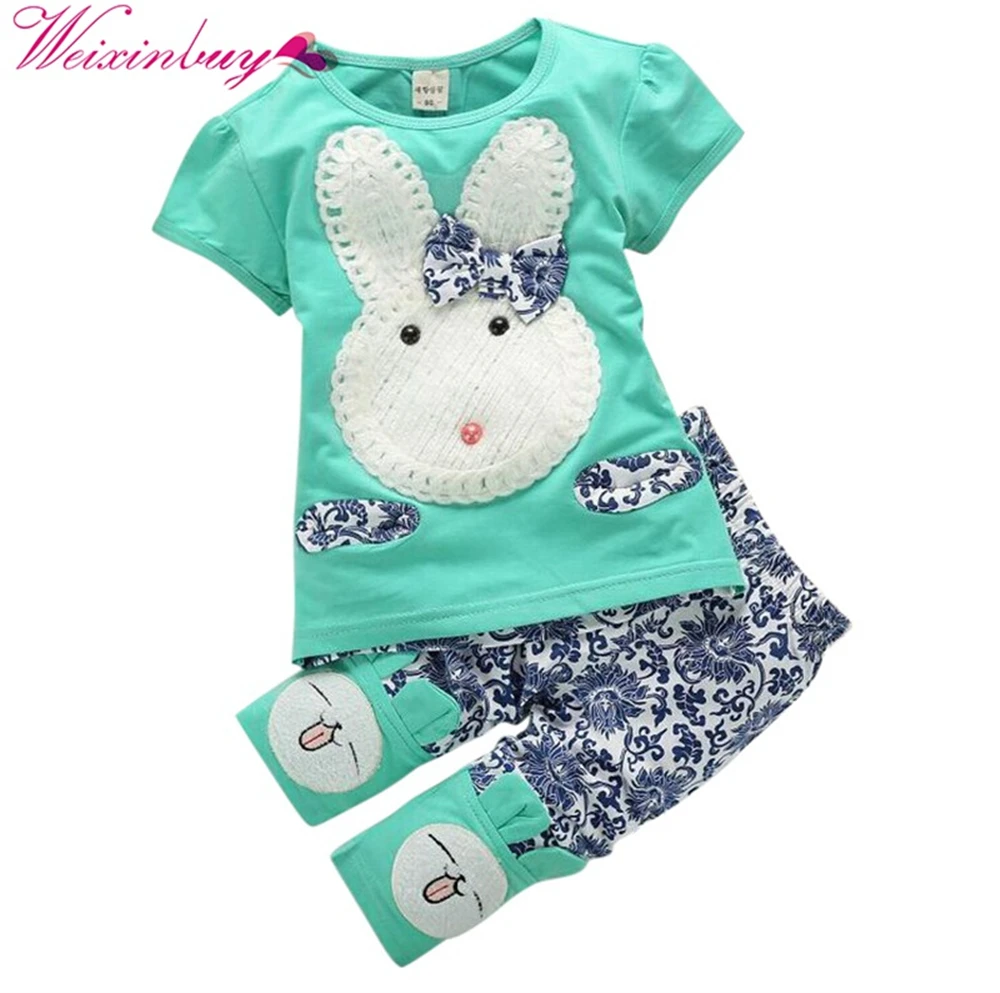 

2018 WEIXINBUY Baby Kids Girls Top+Short Pants Summer Suits Cute Rabbit Cartoon Children's Clothing 2Pcs/Set