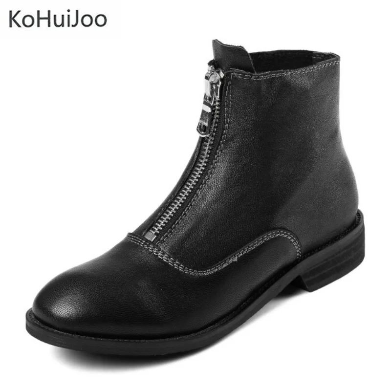 

KoHuiJoo Real Sheepskin Chelsea Boots Women Square Heel High Heels Ankle Boots Autumn Winter Ladies Zipper Shoes Plus Size 34-42