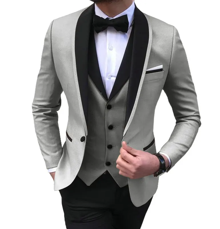 Mens 3 Pieces Party Slim Fit Suits Classic Design Shawl Lapel Tuxedos Prom Suit Blazer& Pants& Vest for Wedding - Цвет: Silver Grey