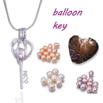 

Key shape Cage Pendant with snake chain New Fashion Silver Plated natural oyster Pearl Creative Animal Shape Jewelry Gifts PO8