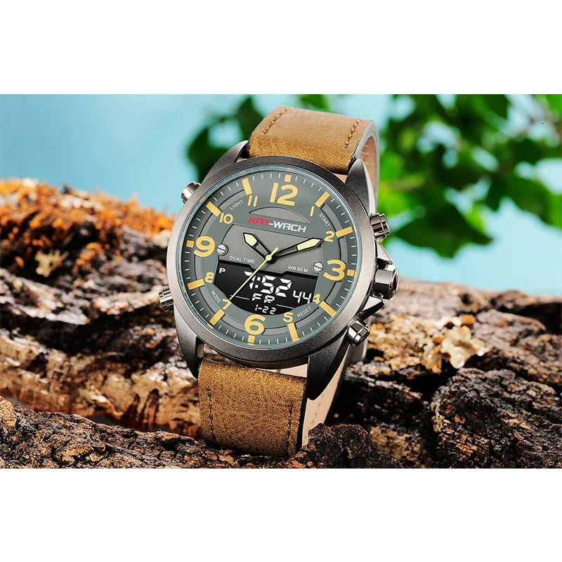 

KAT-WACH Fashion Men Watches Male Creative Business Chronograph Quartz Clock Dual Display Waterproof Watch Men Relogio Masculino