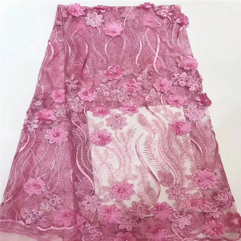 

2018 High Quality African Lace Fabric 3D Flowers With Beaded Tulle Lace Fabric New Design Nigerian Tulle Lace Fabric ls-1432