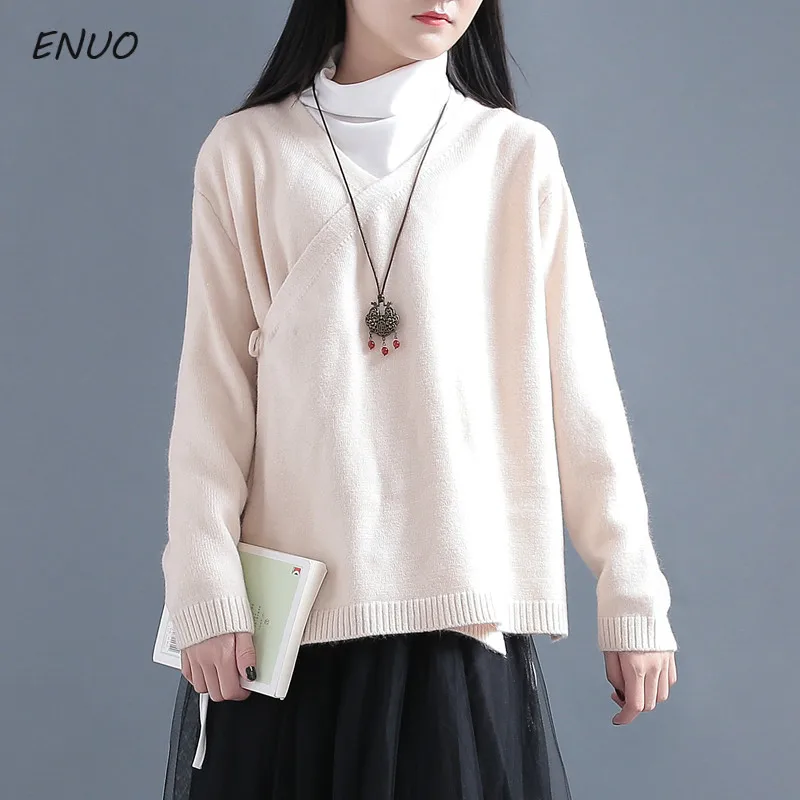 Best Price Vintage Solid V Neck Women Cardigan Sweater Oblique Belt Knitted Tops Spring Autumn Summer Open Cardigans Knitted Sweaters