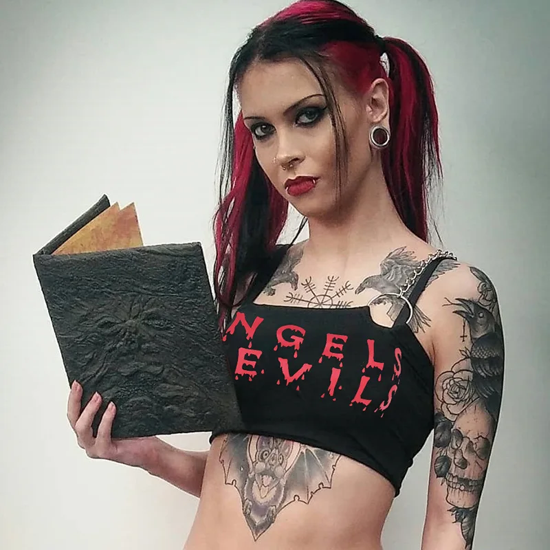 Angel Devil/хлопковый УКОРОЧЕННЫЙ ТОПИК с цепочкой на ремешке, модный сексуальный топ с открытой спиной, летний топ без рукавов, Женская сорочка