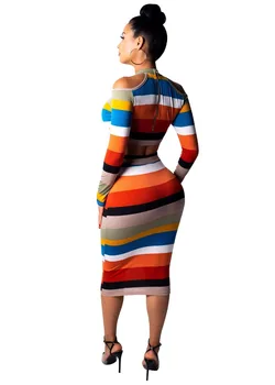 

2019 New Sexy Striped 2 Piece Set Long Sleeve Off The Shoulder Crop Tops and Pencil Skirts Women Set Clubwear Suit