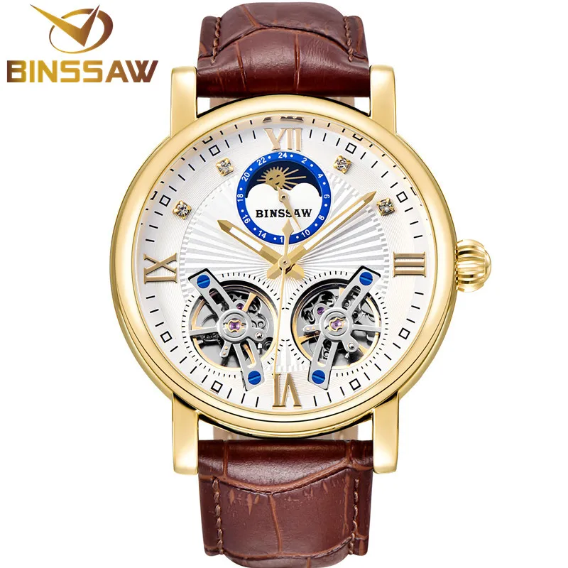 

BINSSAW Men Automatic Mechanical Steel Double Tourbillon Luxury Leather Watch Fashion Business Sports Watches Relogio Masculino