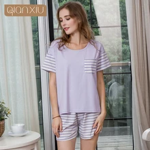 Летние Для женщин Повседневное пижама в полоску наборы для ухода за кожей Женская хлопковая футболка+ шорты с коротким рукавом и О-образным вырезом Пижама с воротником, костюм