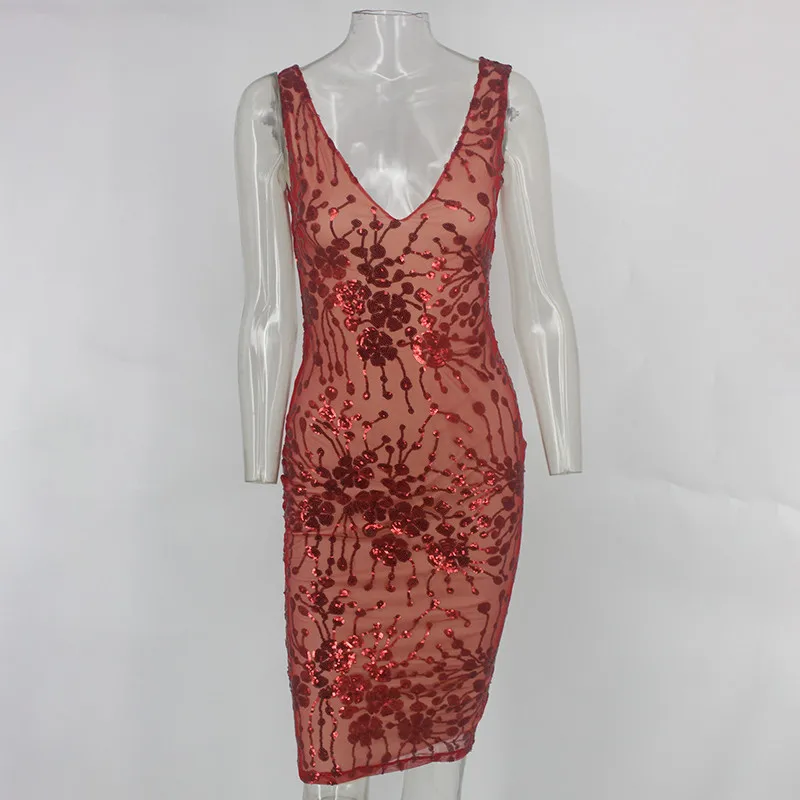 Justchicc мини-платье с пайетками женское летнее осеннее платье с v-образным вырезом без рукавов сексуальное платье облегающее блестящее шифоновое платье с цветочным принтом вечерние платья - Цвет: Red