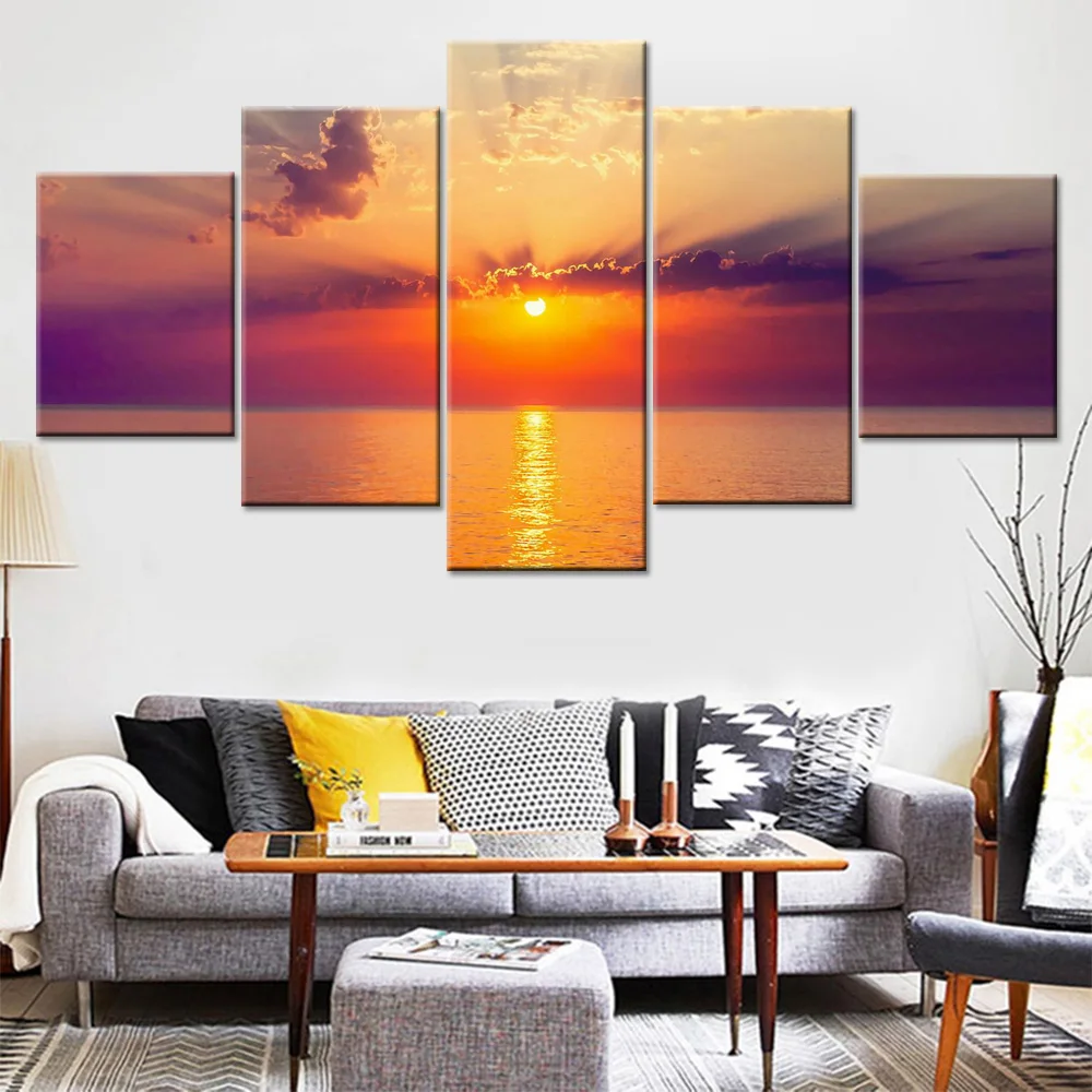

Canvas Art Pictured Framework Modern HD Poster Decoration Living Home Modular Sun Light Red Big Sea Scenery Painting Wall Print