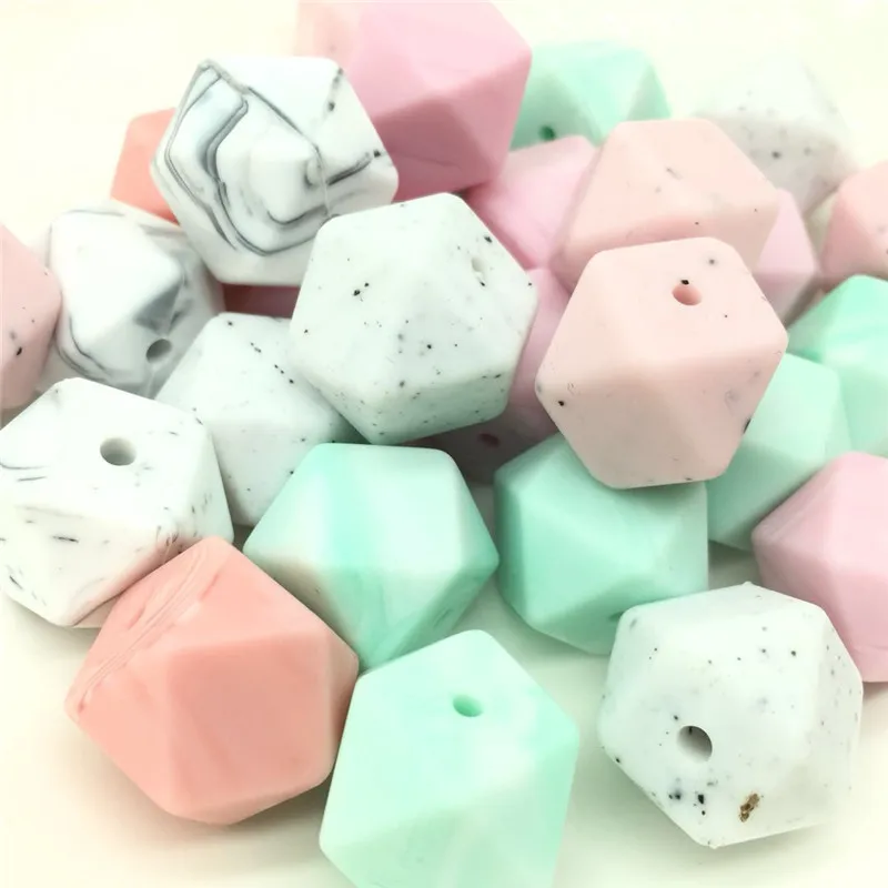 

50 PCS Gritty & Marble Silicone Loose Beads Large 17MM Geometric/Hexagon Silicone Beads Mix Colors Combo DIY Necklace Baby Beads