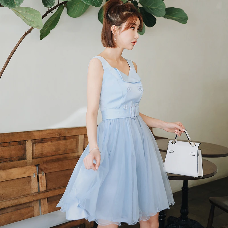 

Dabuwawa Women Dress 2019 Summer New Fantasy Mesh Sleeveless Dress Elegant Patchwork Double Breasted Dress D18BDR098