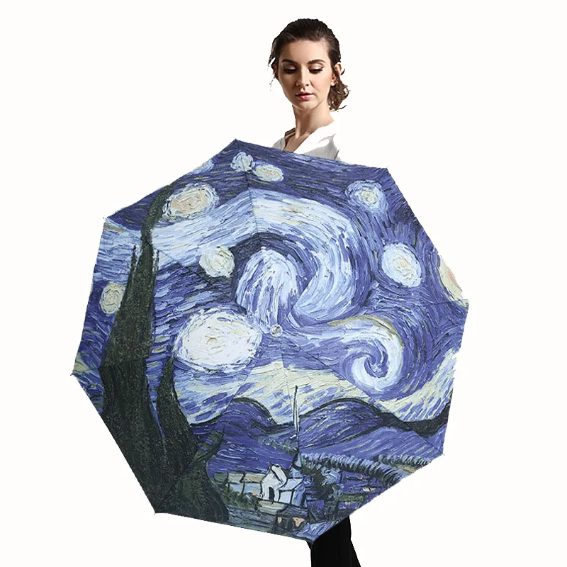 Van Gogh Oil Painting Umbrella Women Creative Starry Sky Arts Parasol Female Outdoor Travel Sun Umbrellas Girl Rain Umbrellas6