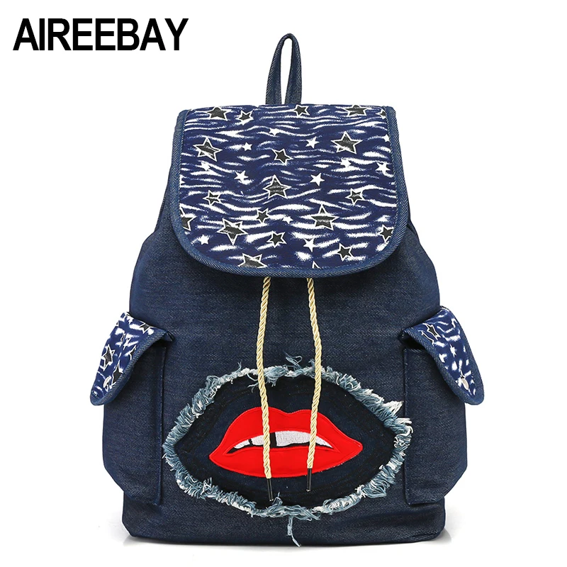 AIREEBAY 2018 New Casual Women Denim backpack Red Lip Pattern