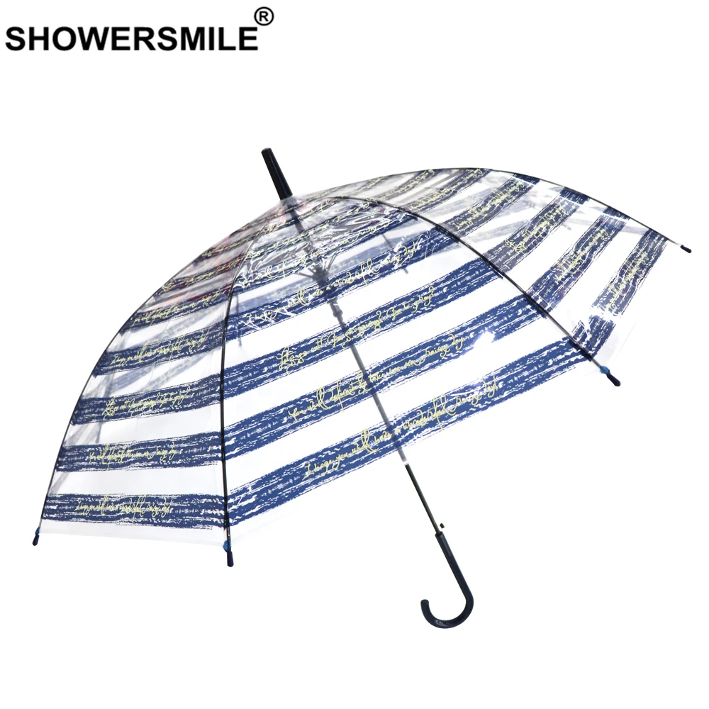 

SHOWERSMILE Transparent Umbrella Rain Women Clear Umbrella Automatic Blue White Striped Adult POE See Through Parapluie