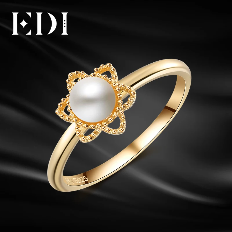 

EDI Genuine 5mm Natural Freshwater Pearls 14k 585 Yellow Gold Engagement Ring For Women Wedding Bands Fine Jewelry