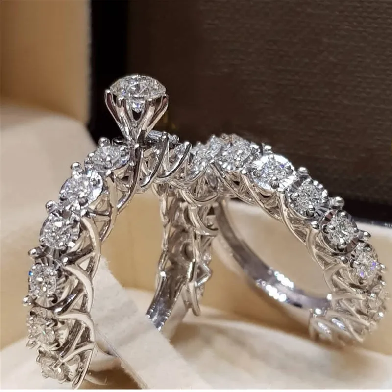 

Luxury Zircon Ring Set For Women Lover Couple Fashion Wedding Engagement Flash Crystal Ladies Ring Femme Jewelry Dropshipping