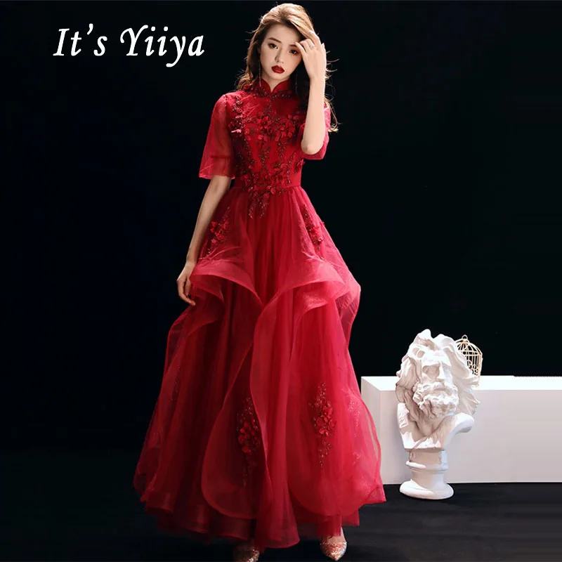 

Evening Dress Red Embroid Lace Standing Collar Robe De Soiree 2019 Long Women Party Dress Voile Sleeve Plus Size Prom Dress E471