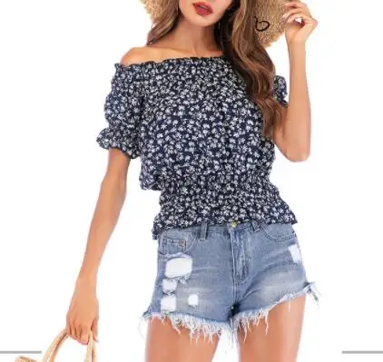 Fashion Women Ladies Summer Off Shoulder Floral print Blouse Tops Chiffon Puff Sleeve Shirt Loose Casual Blouse Tops Choker