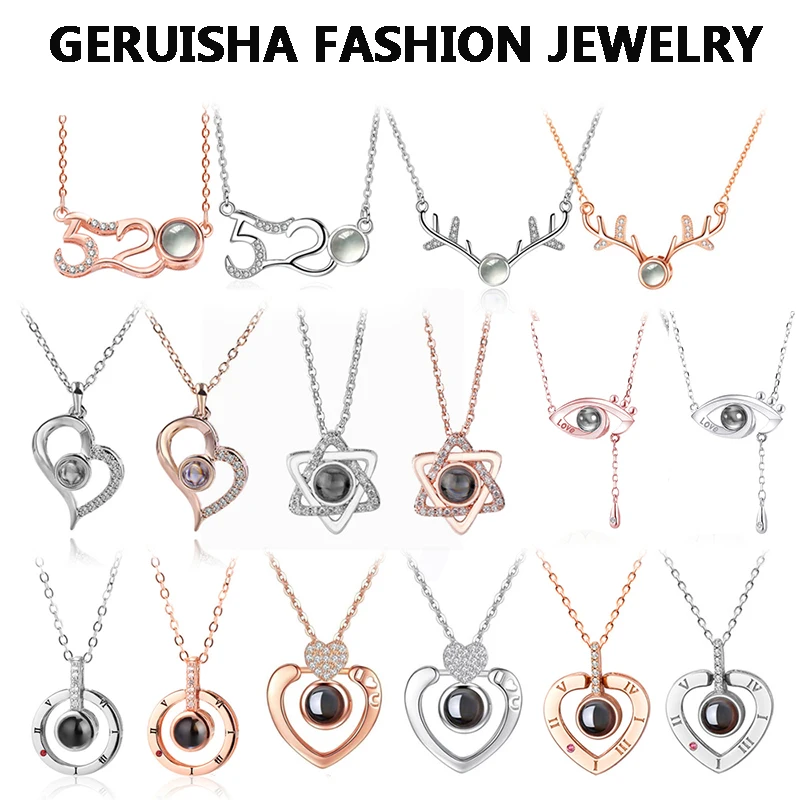 

100 Languages I Love You Projection Charm Necklaces Letter Crystal Pendant Necklace for Women Romantic Memory Wedding Necklaces
