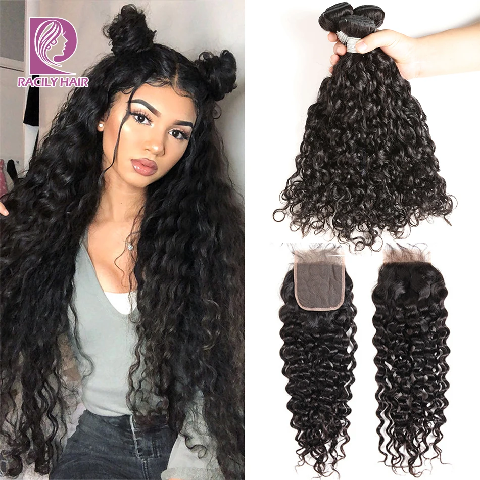 

Racily Hair Brazilian Hair Weave Bundles With Closure Water Wave Bundles With Closure Remy Human Hair 3/4 Bundles With Closure