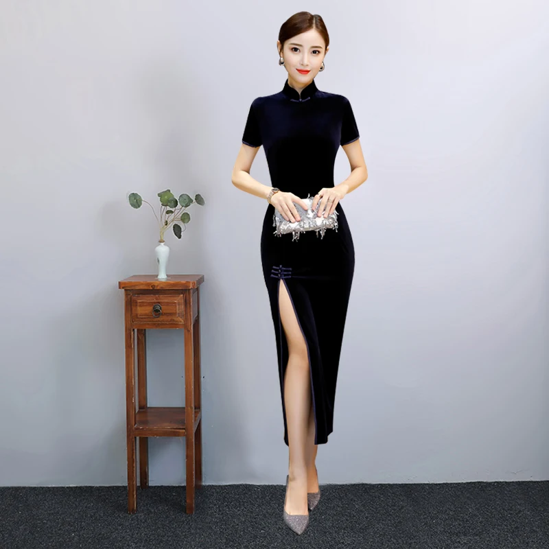Новое поступление, модное зеленое велюровое Мини Cheongsam китайское женское платье, элегантное Qipao Vestidos, размер S M L XL XXL XXXL 27599A