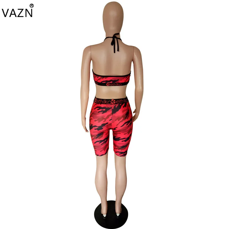 VAZN камуфляж красочные печатные сексуальный комплект из двух частей Спагетти ремень без рукавов укороченный топ и Оболочка Короткие брюки спортивный костюм LS6222