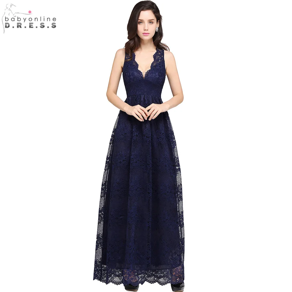 Robe de Soiree Сексуальная Прямая спина Темно-синее кружево вечернее платье Длинные Дешевые V шеи линии Вечерние платья Vestido de Festa - Цвет: navy blue