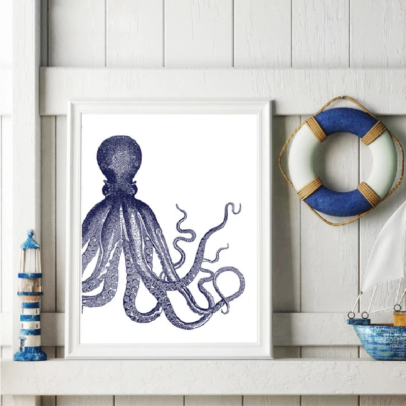 Octopus Sea Life Watercolor Illustrations Print Coastal Wall Art Poster Decor 4
